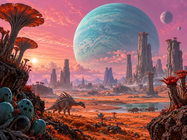 Alien planet surface with tall rock spires, orange ground, and a giant teal planet in a pink sky