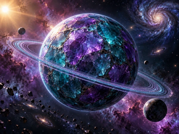 Crystal planet in violet and turquoise with a striped ring