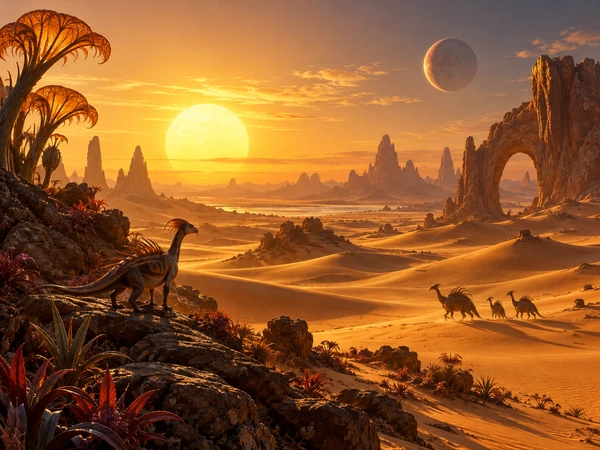 Desert planet surface with golden dunes, a huge sun, and a small planet in the sky
