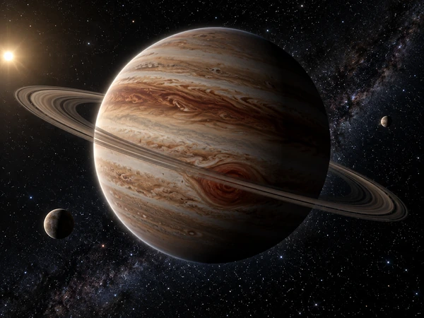 Banded brown and cream gas giant with swirling storms and two moons