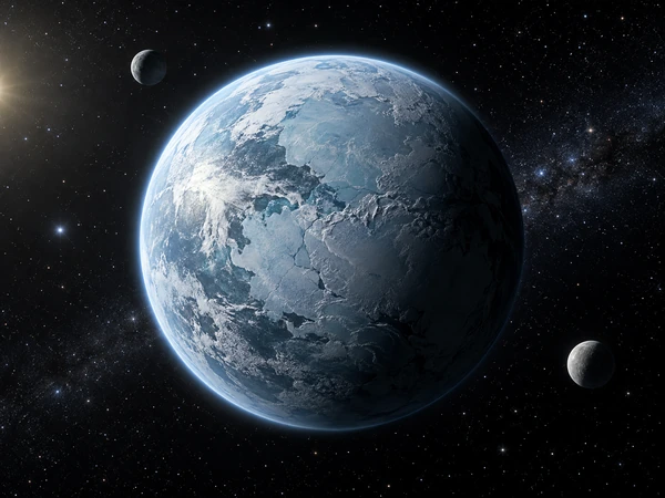 AI generated ice planet with pale blue glaciers and two tiny moons