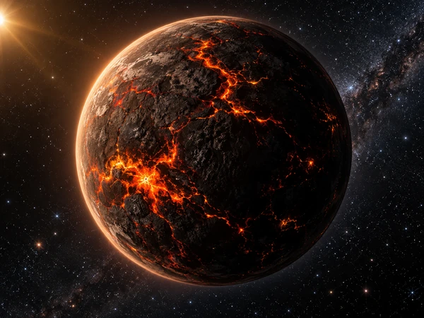 Volcanic lava planet with glowing orange magma rivers on a dark crust