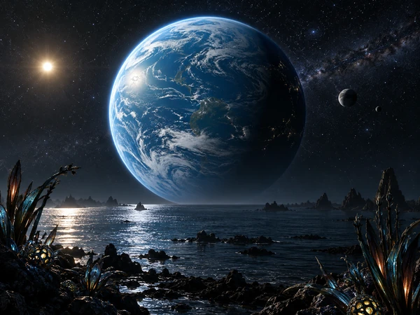Glowing blue ocean planet rising over dark water and alien plants under a full moon