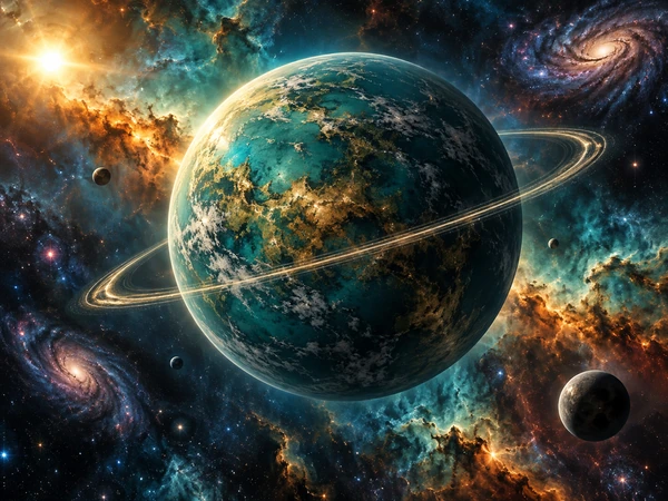 Teal and gold ringed planet with a glowing thin ring in deep space