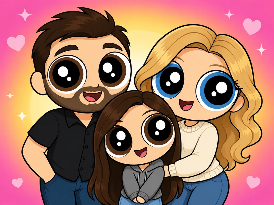 Family of three redrawn as Powerpuff-style cartoons with hearts and sparkles in the background