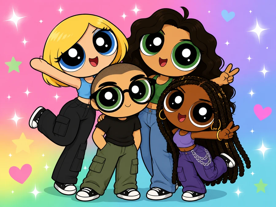 Four friends posing together as big-eyed Powerpuff-style cartoon characters