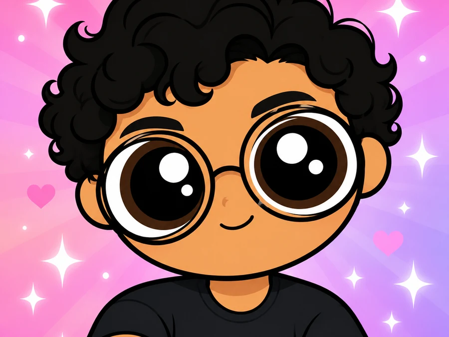 Powerpuff-style cartoon avatar of a young man with curly hair and round glasses