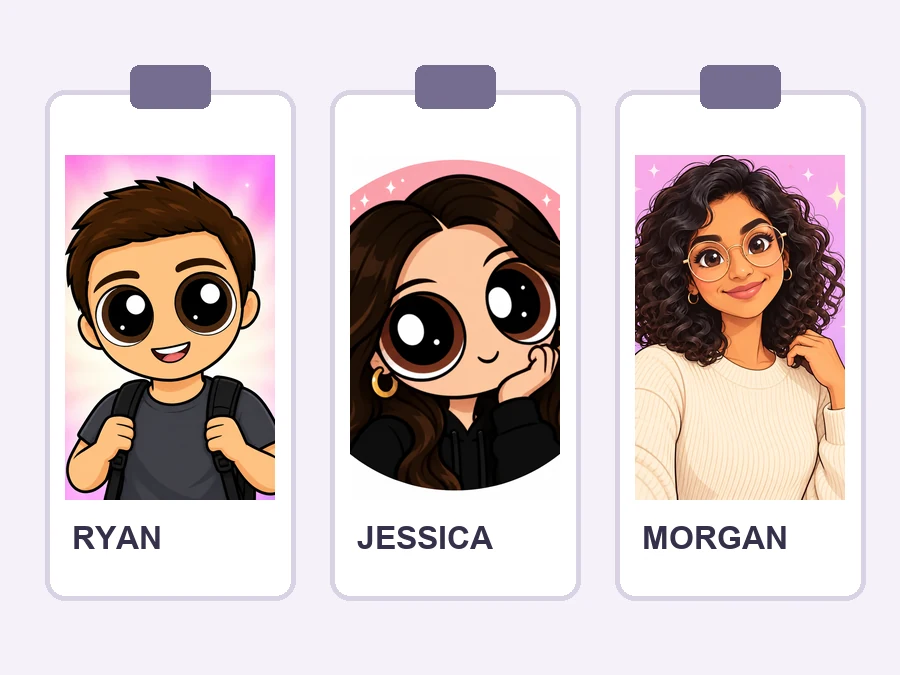 Conference badges featuring Powerpuff-style cartoon portraits of three team members