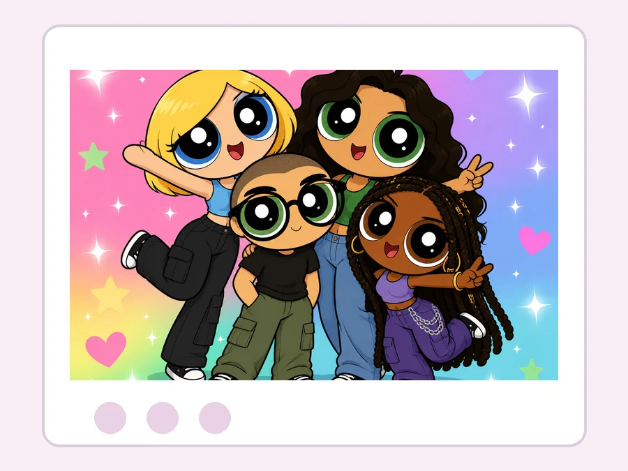 Group chat showing three friends turned into a matching Powerpuff-style cartoon lineup