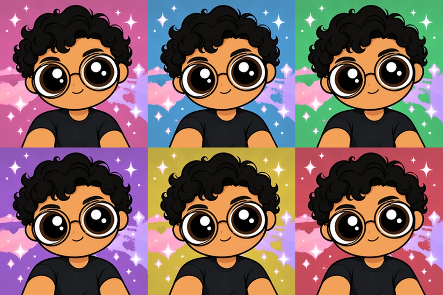The same cartoon avatar shown with pink, blue, green, purple, yellow, and red hero color backgrounds