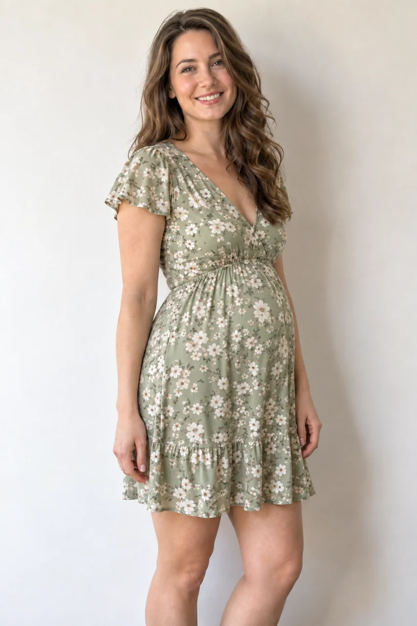 Drag to compare the casual outfit photo before and after the pregnancy filter (after)