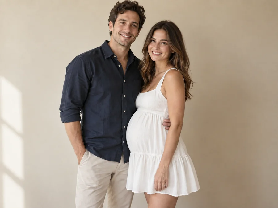 Drag to compare a couple photo and its pregnancy preview (after)