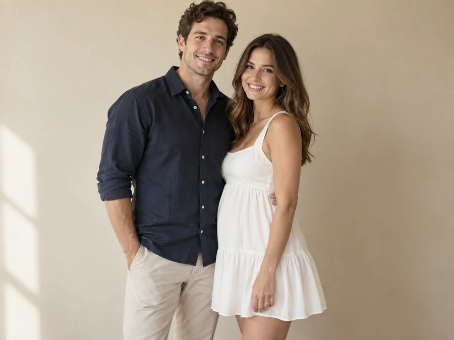 Drag to compare a couple photo and its pregnancy preview (before)
