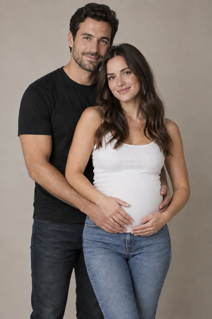 Drag to compare the couple photo before and after the pregnancy preview (after)