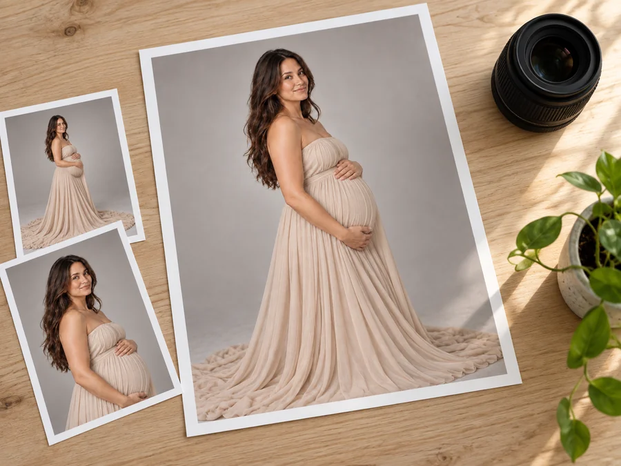 A printed maternity gown portrait on a desk used as a photoshoot reference