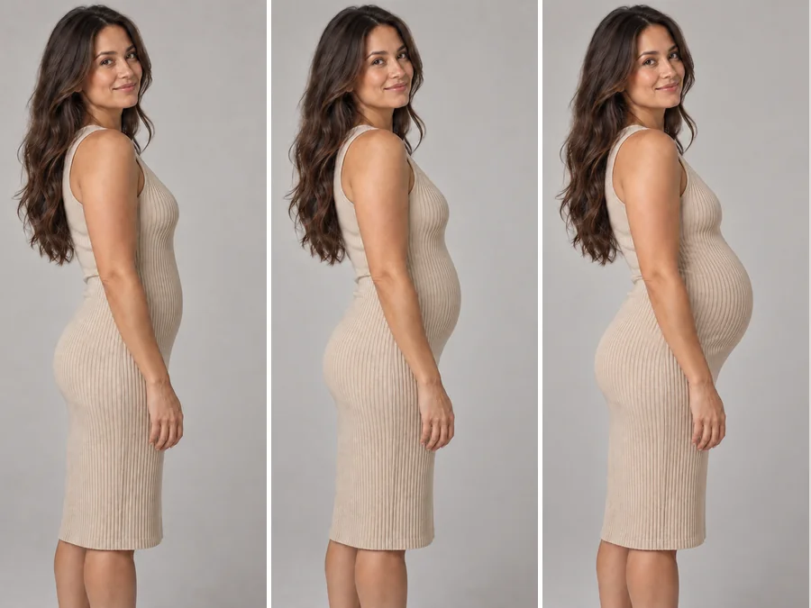 The same woman shown with an early, mid, and late pregnancy bump