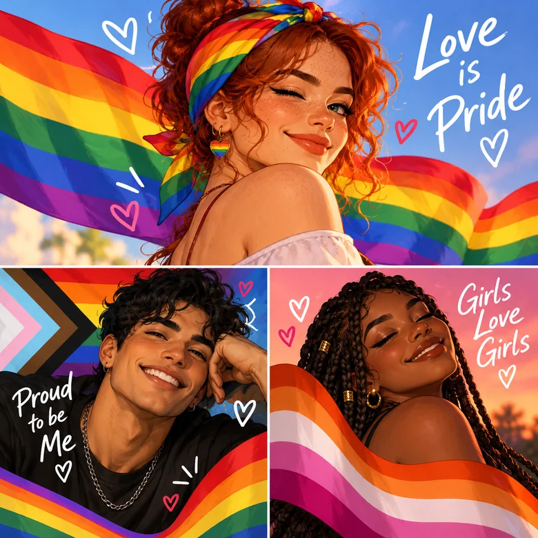 Custom pride profile picture templates with rainbow frames, hearts, and pride text
