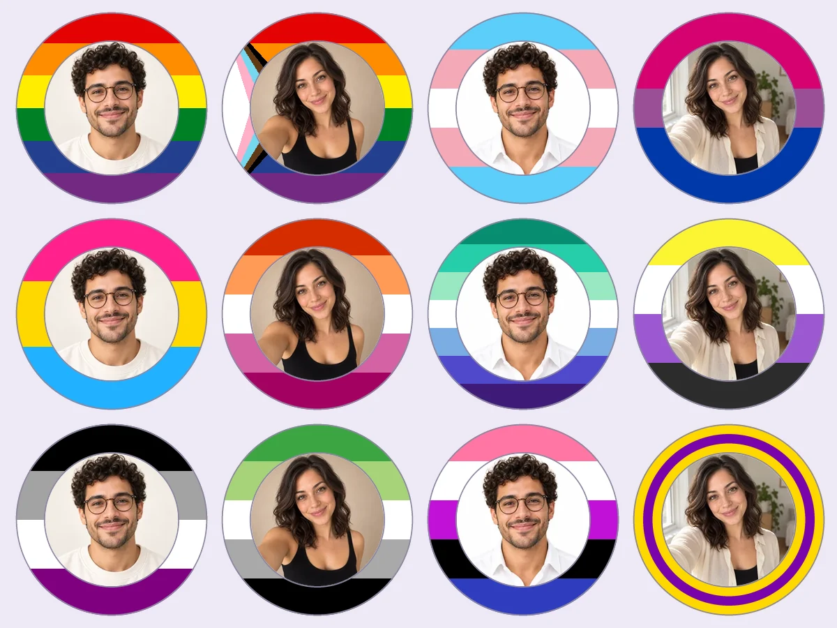 Twelve pride flag ring pfps, from rainbow and Progress Pride to intersex