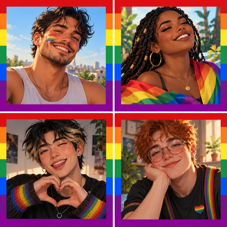 A set of four pride profile pictures with rainbow frames and #PRIDE text