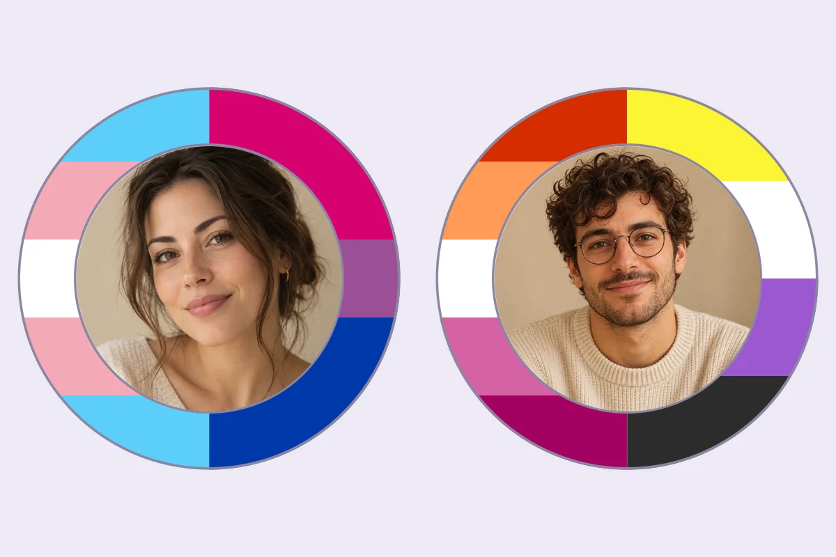 Two double pride flag pfps: transgender with bisexual, and lesbian with nonbinary