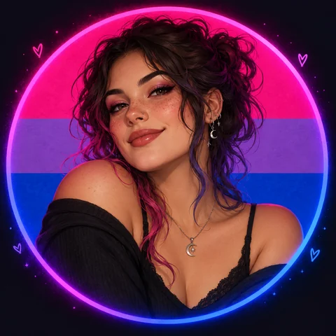 Bisexual flag glow pfp with pink purple and blue light around a round portrait