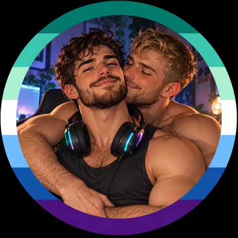 Gay men pride flag ring around a gamer portrait with headphones