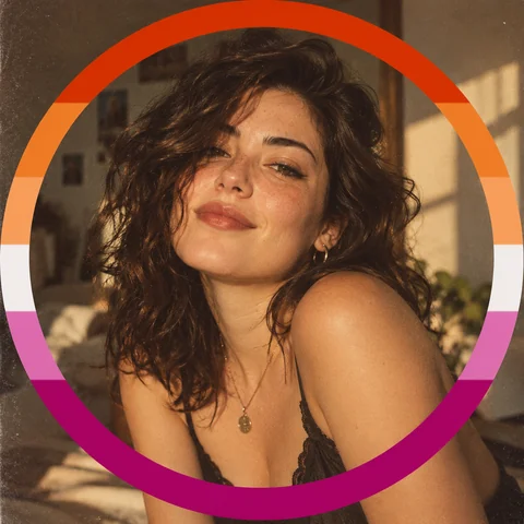 Lesbian flag pfp ring around a vintage film style portrait of a woman
