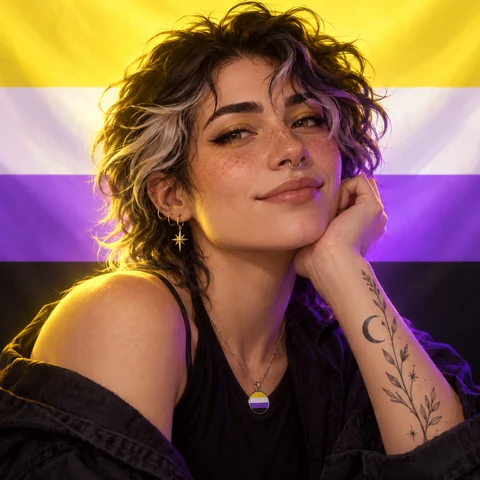 Nonbinary flag colors as prism light over an anime portrait