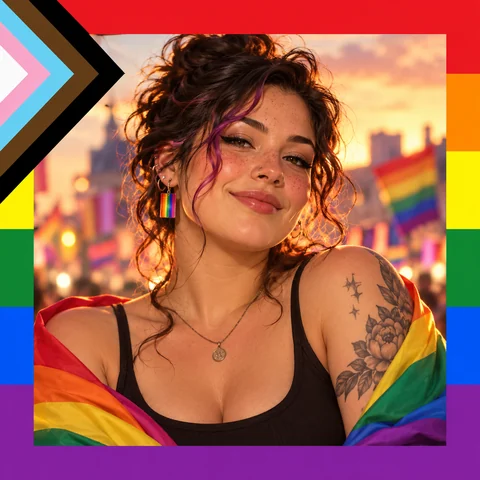Progress Pride profile picture with a striped border around a smiling cartoon man