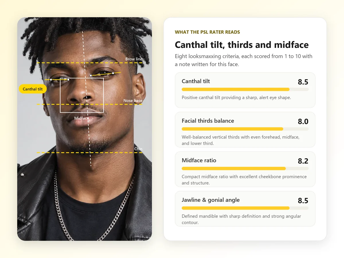 PSL rater overlay on a portrait showing canthal tilt lines, facial thirds and the midface box next to their scores