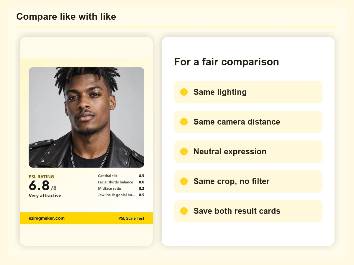 Saved PSL result card next to a checklist for a fair looksmaxxing before and after comparison