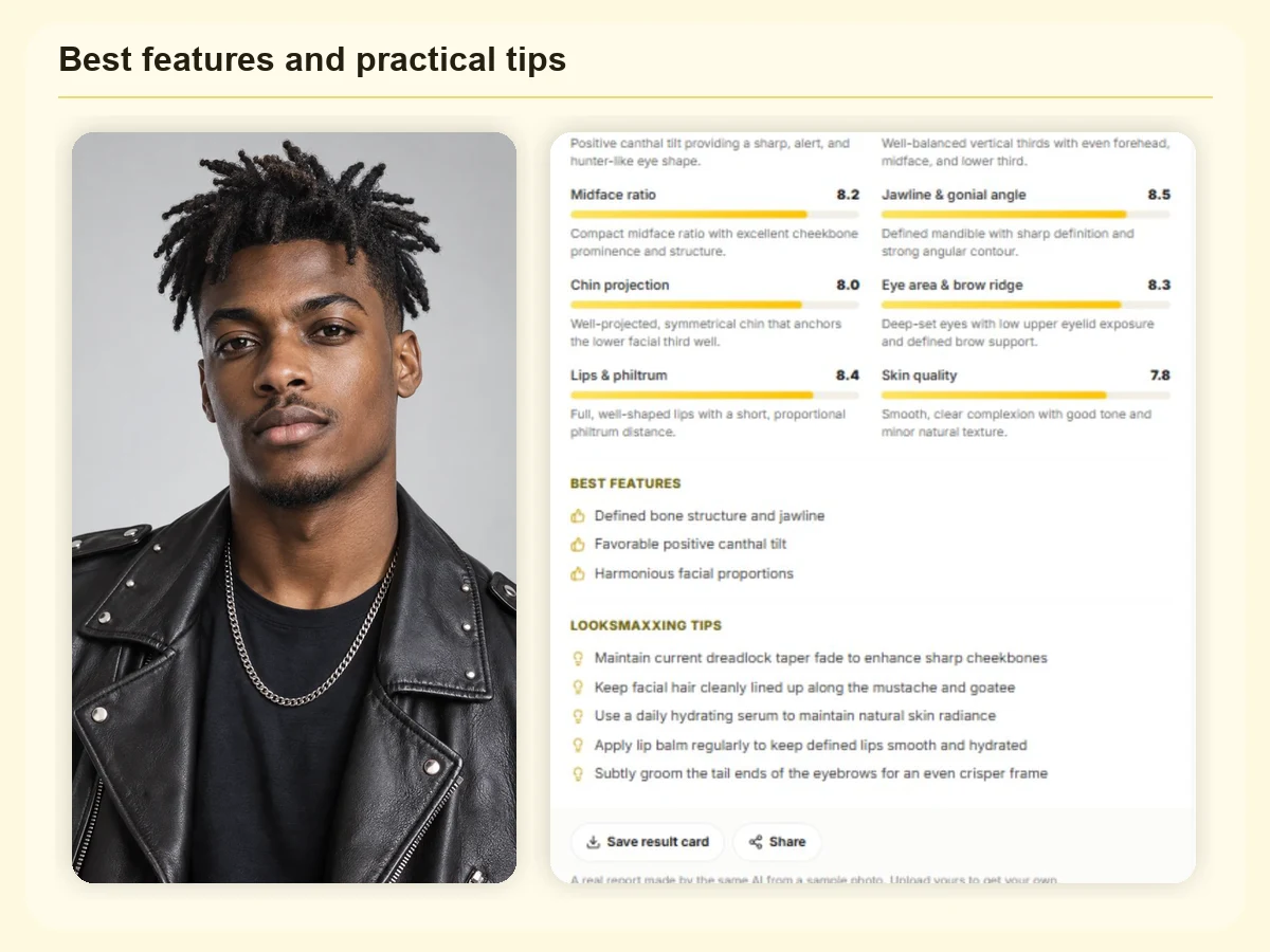 PSL report listing three strengths and five non-surgical looksmaxxing tips for grooming, skincare and brows