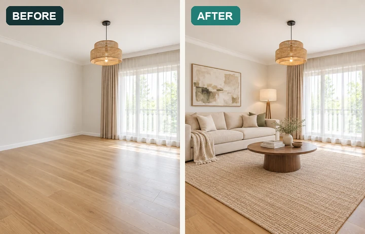 Empty room virtually staged with a cream sofa, round coffee table, rug, and wall art