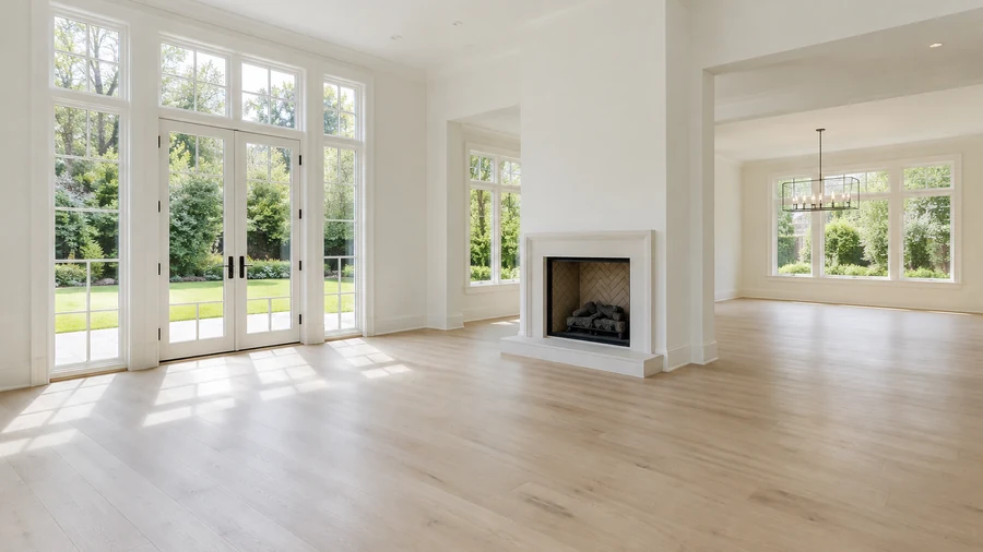 Open-plan interior brightened with natural light on wooden floors and white walls