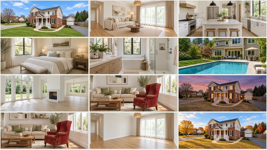 Grid of a full listing set of interior and exterior photos with consistent color and light