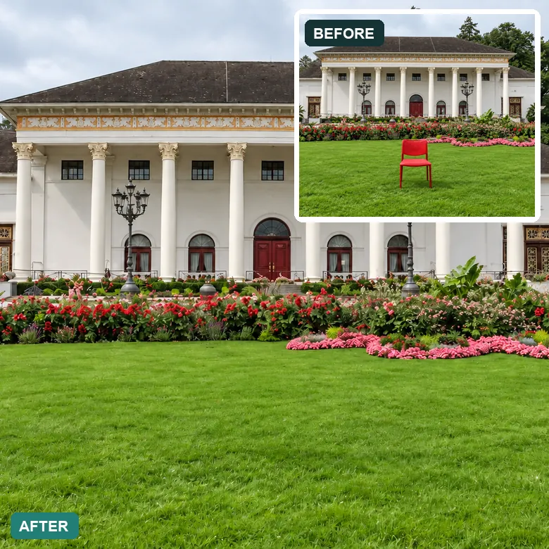 Red chair removed from the lawn in front of a large white house