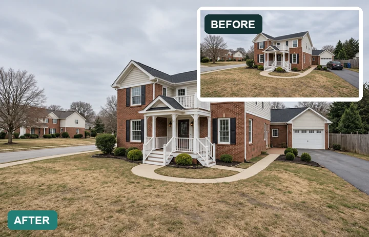 House exterior with clutter on the driveway marked and then removed