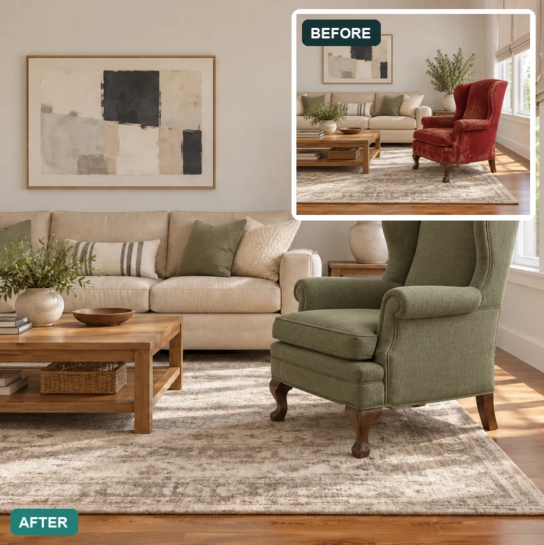 Old red armchair replaced with a modern green armchair in a living room