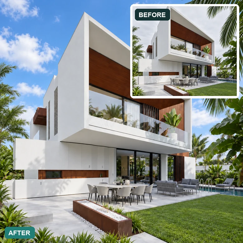 Modern white house with a dull sky replaced by a bright blue sky with clouds