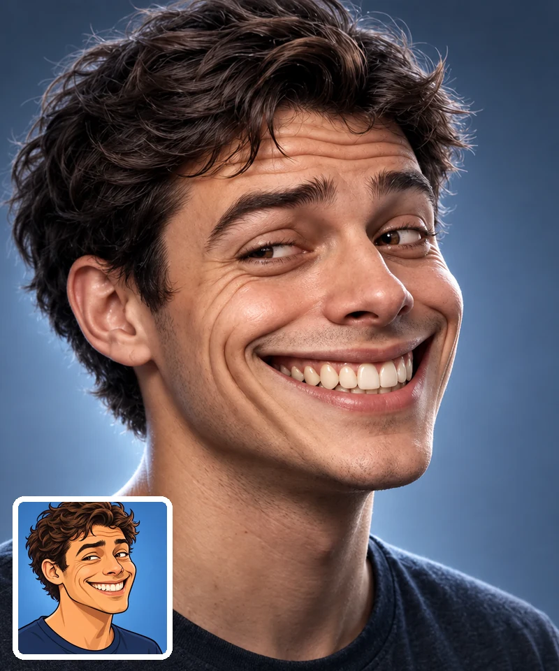 A realistic photo of a man with a goofy grin next to a small cartoon caricature of him