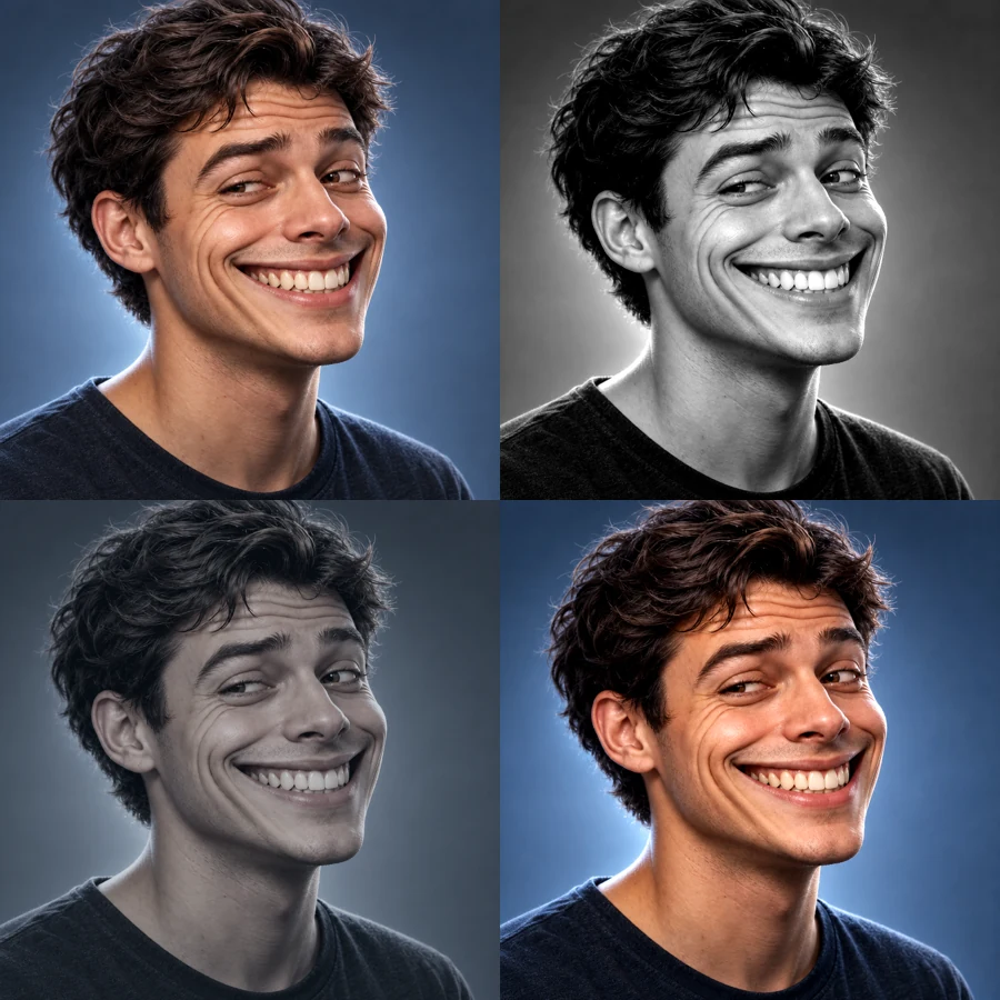The same realistic troll grin in natural color, black and white, cold creepy light, and warm cinematic light
