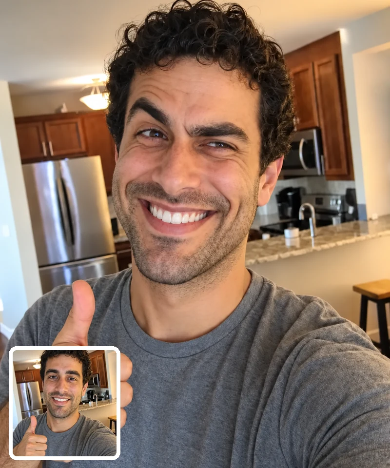 A young man in his kitchen with an exaggerated grin, with his original selfie shown as a small inset