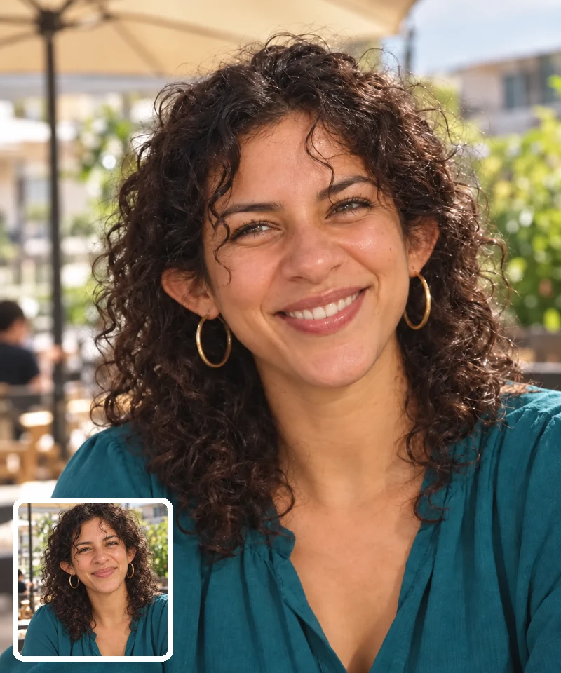 A laughing woman with a goofy gap-toothed grin, with her original photo shown as a small inset