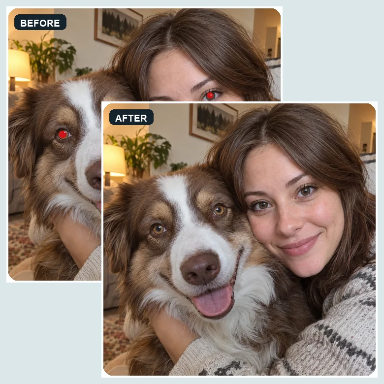 Woman and dog photographed with flash, red eyes fixed for both
