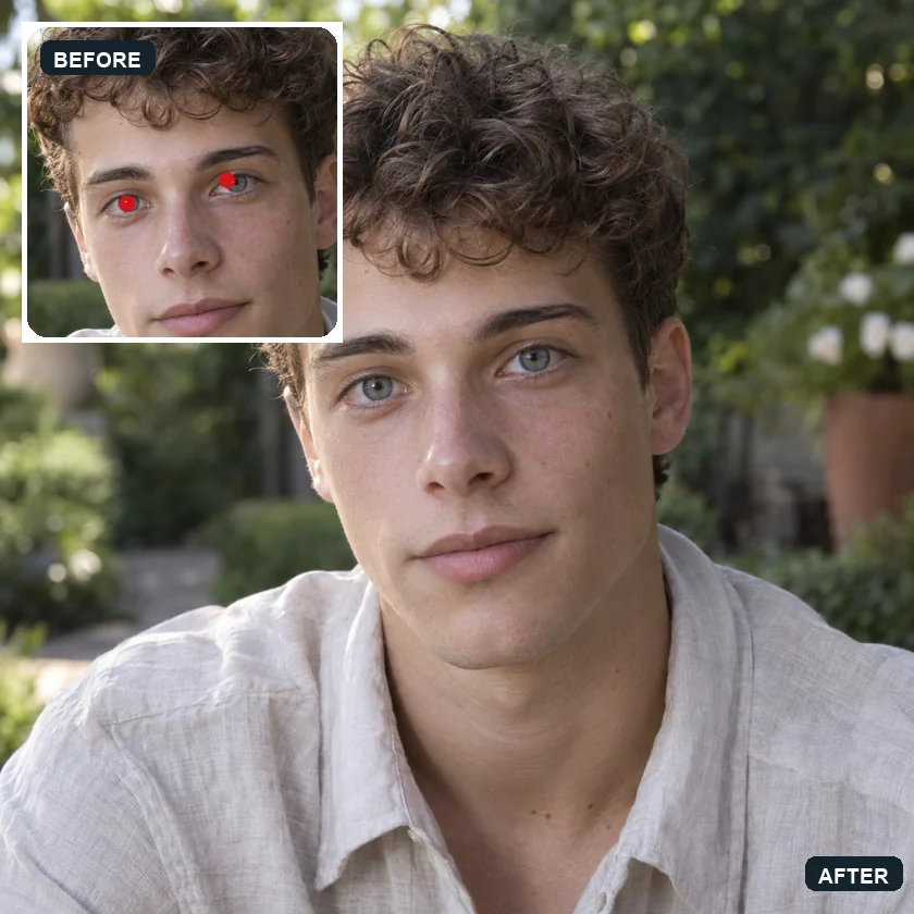 Curly-haired teenager with red eyes in the inset and clear eyes in the main photo