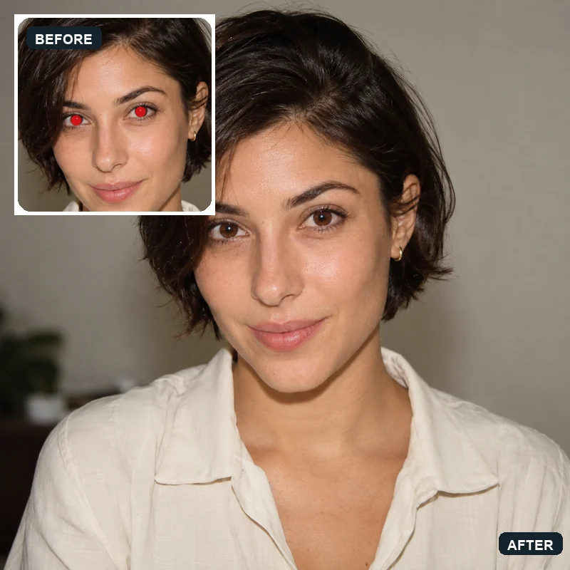 Dark-haired woman with red eyes in the before inset and natural brown eyes after