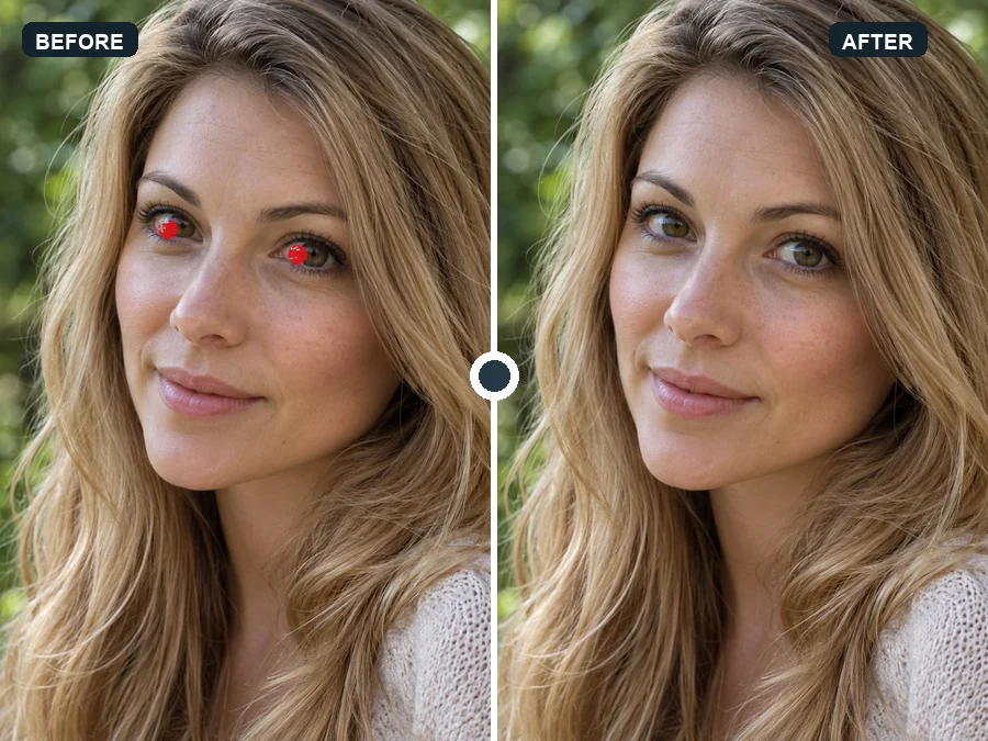 Young woman with red eyes on the left and natural hazel eyes on the right