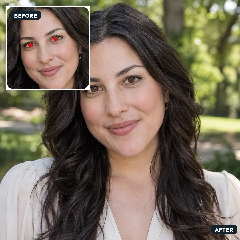 Young woman outdoors with red eyes in the inset and natural eyes in the main photo