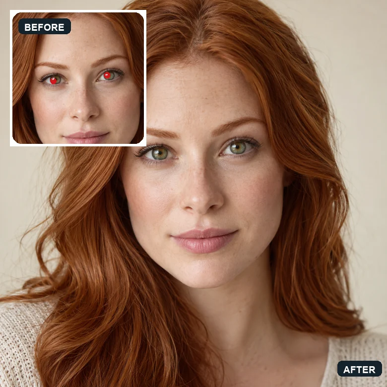 Red-haired woman close-up with red eyes in the inset and corrected eyes in the main image