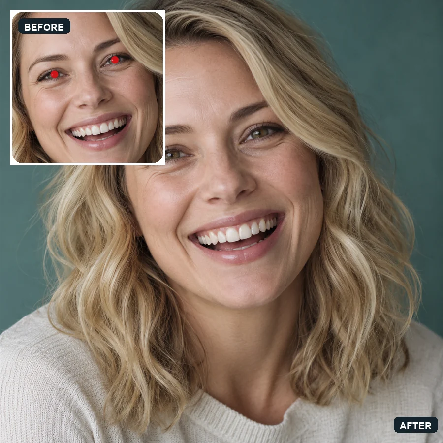 Smiling woman with red eyes in the inset and natural eyes in the main photo